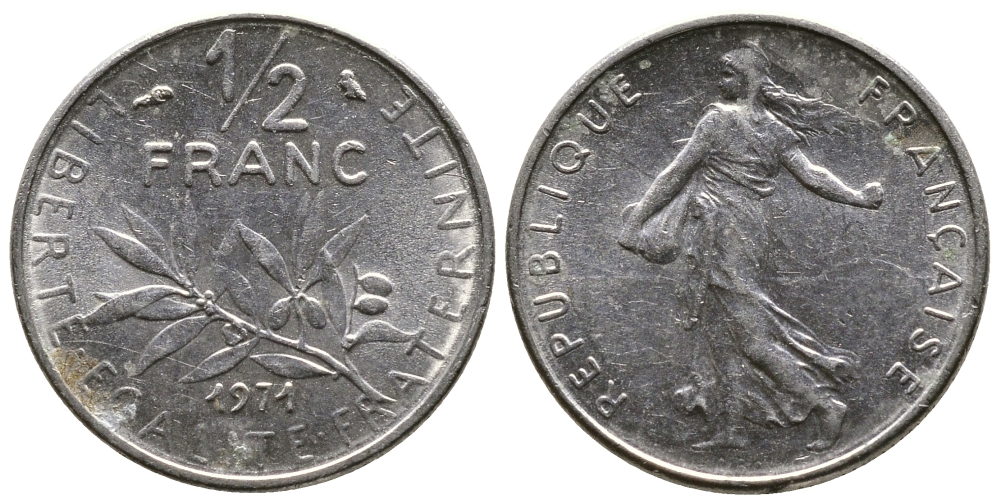 ФРАНЦИЯ 1/2 ФРАНКА 1971 СЕЯТЕЛЬ KM 931.1 никель 26-1017
