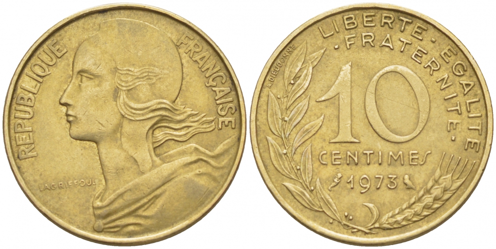 ФРАНЦИЯ 10 САНТИМОВ 1973 ТИП MARIANNE KM 929 медь алюминий никель 112-563