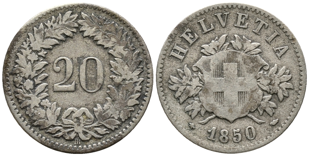 ШВЕЙЦАРИЯ 20 РАППЕНОВ 1850 BB KM 7 серебро 34-755