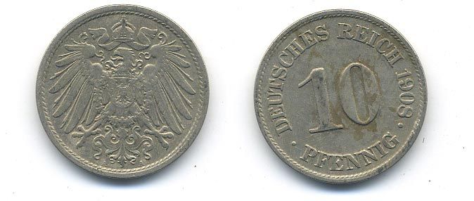 ГЕРМАНИЯ 10 ПФЕННИГОВ 1908 A KM 12, J. 13 медно-никель 58-336