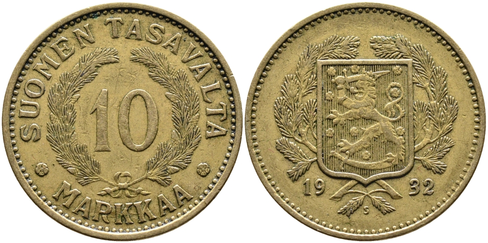 Финляндия 10 марок 1932 S KM 63 алюминиевая бронза 4388-1052