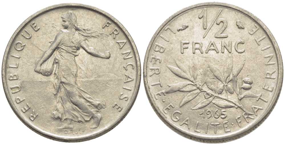 Франция 1/2 франка 1965 сеятель KM 931, Le Franc 198.3 никель 175-925