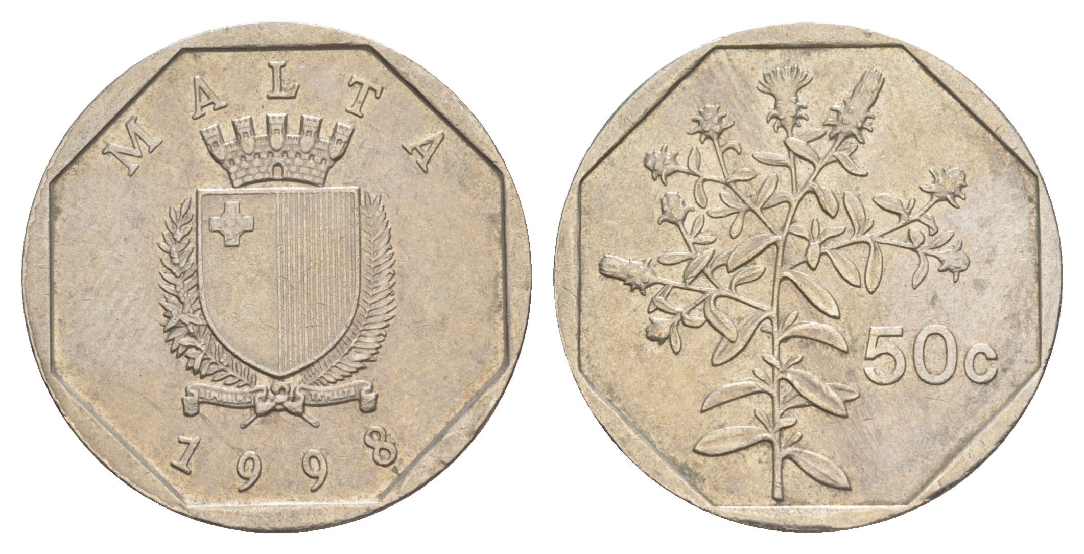 Мальта 50 центов 1998 девясил KM 98 медно-никель 4646-1226