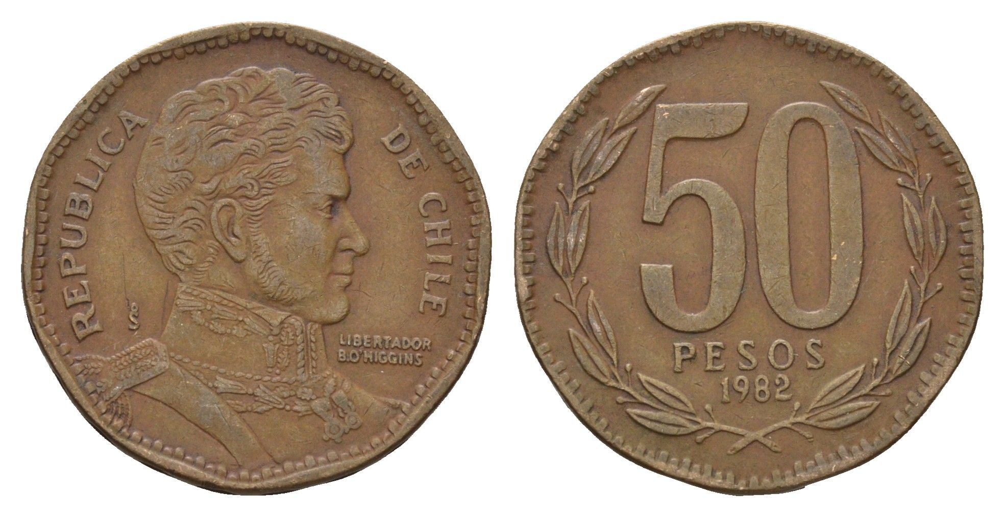 Чили 50 песо 1982 KM 219 алюминиевая бронза 4141-134