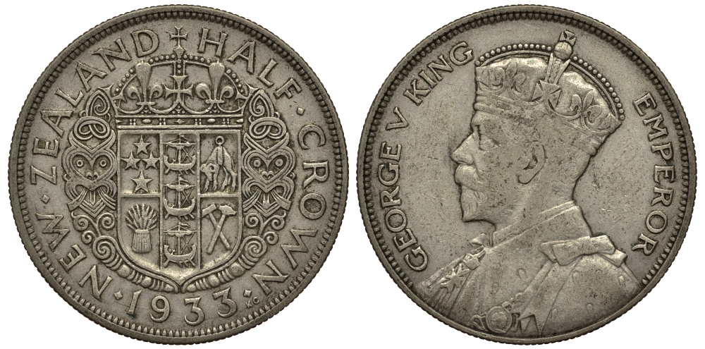 Новая Зеландия 1/2 кроны 1933 Георг V (1910-1936) KM 5 серебро 272-633