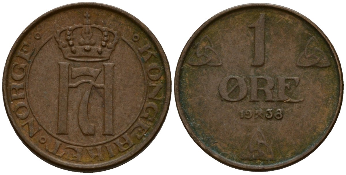 Норвегия 1 эре 1938 Хокон VII (1906 - 1957) KM 367 бронза 4154-751