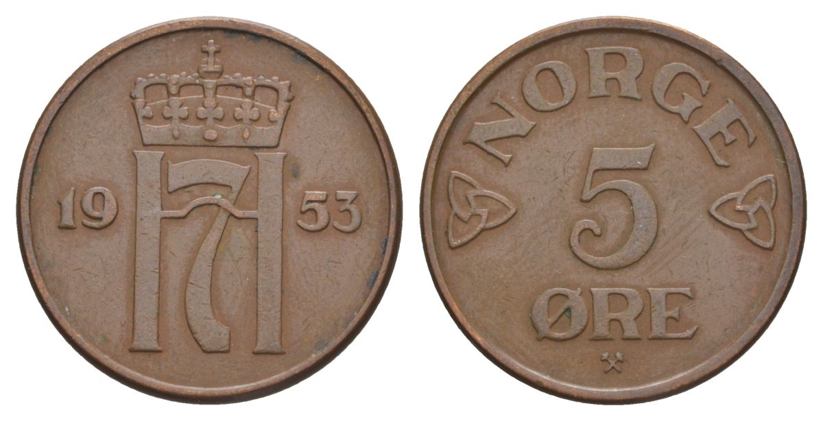 Норвегия 5 эре 1953 Хокон VII (1905-1957) KM 400 бронза 4635-544