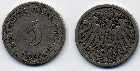 ГЕРМАНИЯ 5 ПФЕННИГОВ 1894 A, KM 11, J. 12 медно-никель 51-5243