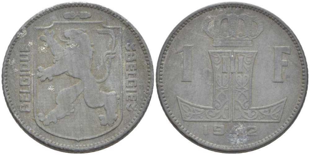 БЕЛЬГИЯ 1 ФРАНК 1942 BELGIQUE-BELGIE, ЛЕОПОЛЬД II (1934-1950), ГЕРМАНСКАЯ ОККУПАЦИЯ, ВТОРАЯ МИРОВАЯ ВОЙНА KM 127 цинк 202-933