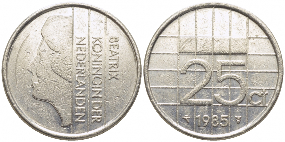 НИДЕРЛАНДЫ 25 ЦЕНТОВ 1985 БЕАТРИКС KM 204 никель 112-323