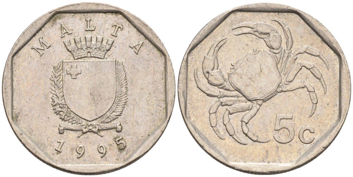Мальта 5 центов 1993 краб KM 95 медно-никель 4588-131
