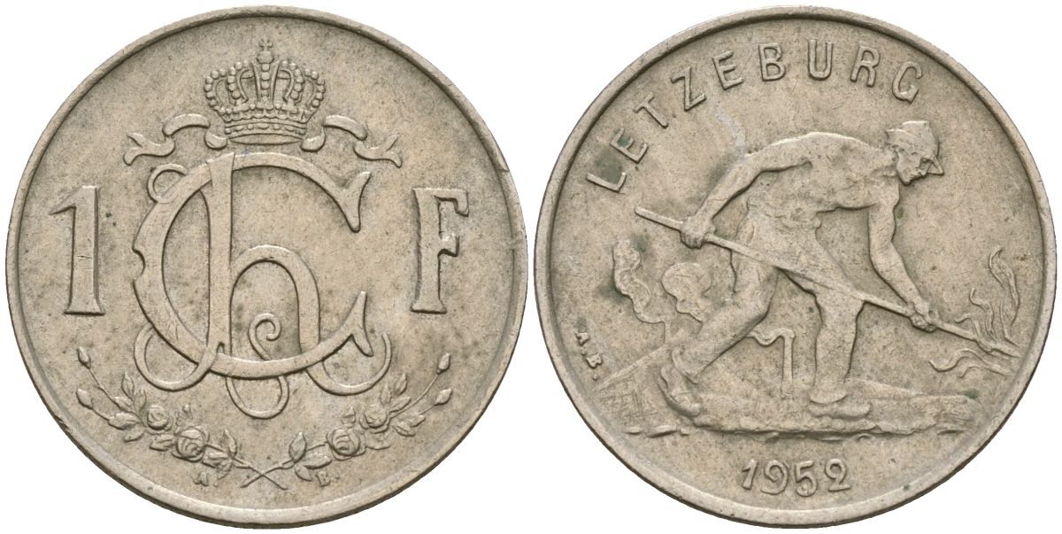 Люксембург 1 франк 1952 KM 46.2 медно-никель 4135-1046