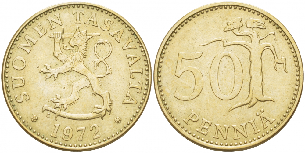 ФИНЛЯНДИЯ 50 ПЕННИ 1972 S KM 48 алюминиевая бронза 3457-926