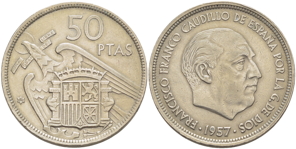 Испания 50 песет 1957 (60) Франциско Франко (1939-1975) KM 788 медно-никель 4185-926