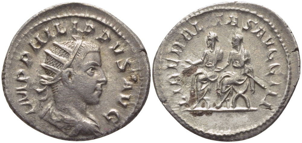 Римская Империя антониниан 247 - 249 Филипп II LIBERALITAS AVGG III, ИМПЕРАТОРЫ Филипп I и Филипп II в курульных креслах, Рим, Good Very fine RIC 230 серебро 1073-15-26