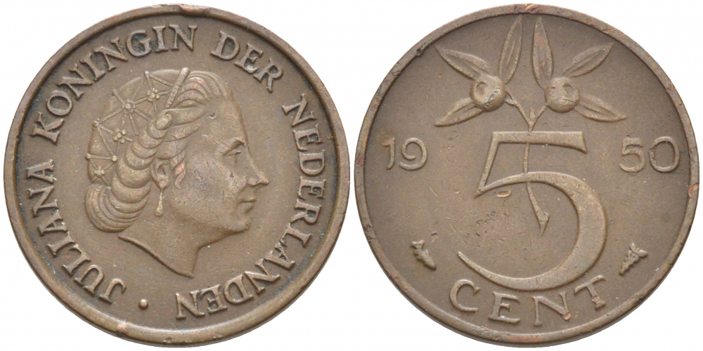 НИДЕРЛАНДЫ 5 ЦЕНТОВ 1950 ЮЛИАНА KM 181 бронза 3856-1144