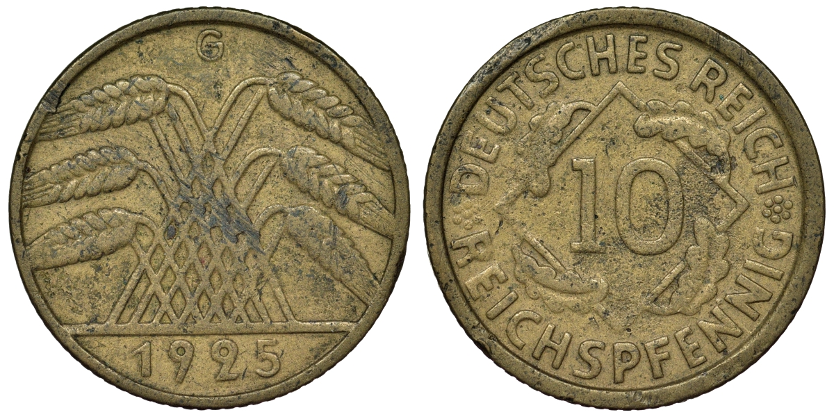 Германия 10 рейхспфеннигов 1925 G KM 40, J. 317 алюминиевая бронза 4121-915
