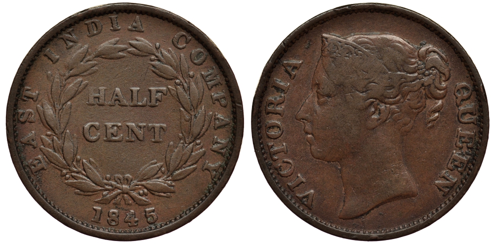 Стрейтс-Сетлментс 1/2 цента 1845 Виктория (1837-1901) KM 2 медь 1524-1244