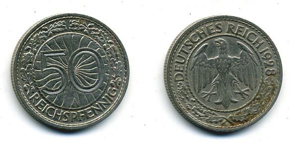 Германия 50 рейхспфеннигов 1928 A KM 49, J.324 никель 58-453