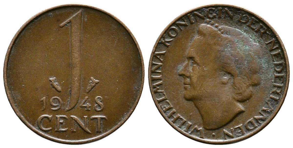 Нидерланды 1 цент 1948 Вильгельмина (1890-1948), год тип KM 175 бронза 261-1161