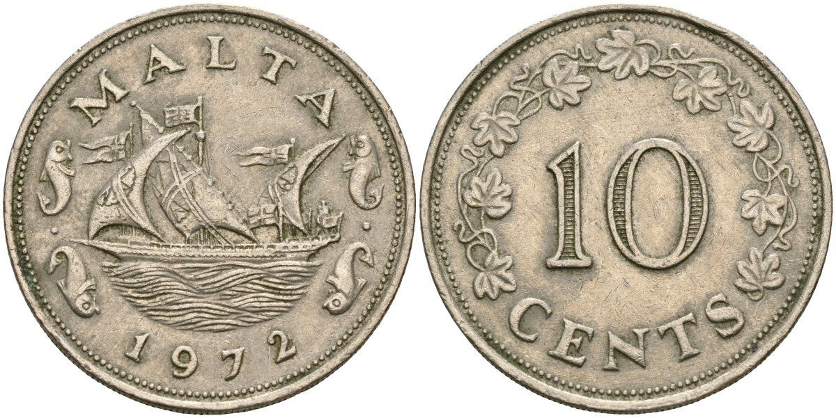 Мальта 10 центов 1972 баржа Великого магистра KM 11 медно-никель 4137-843