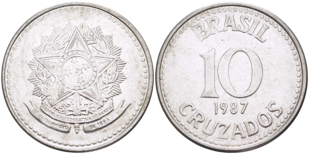 Бразилия 10 крузадо 1987 реформа 1986-1989 KM 607 нержавеющая сталь 175-327