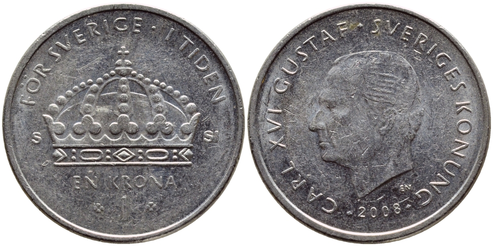 Швеция 1 крона 2008 Карл XVI Густав (1973- ) KM 894 медно-никель 87-233