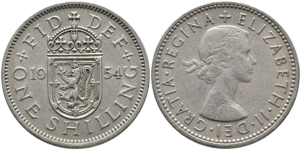 Великобритания 1 шиллинг 1954 Елизавета II (1952-2022), Шотландский герб KM 905, Spink 4148 медно-никель 65-1021