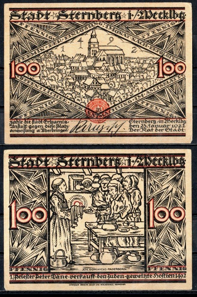 Штернберг (Мекленбург-Шверин) 100 пфеннигов = 1 марка 1922 Mehl Grabowski 1268.3-1/3 бумага UNC (пресс) 7556-69-2-2