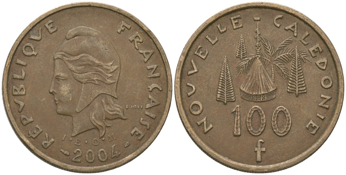 Французская Новая Каледония 100 франков 2004 хижина среди сосен и пальм, (IEOM) KM 15, Schoen 16, Lec 139h никель бронза 111-413
