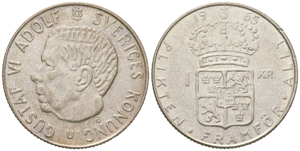 Швеция 1 крона 1965 U, Густав VI Адольф (1950-1973) KM 826 серебро aUNC 68-744