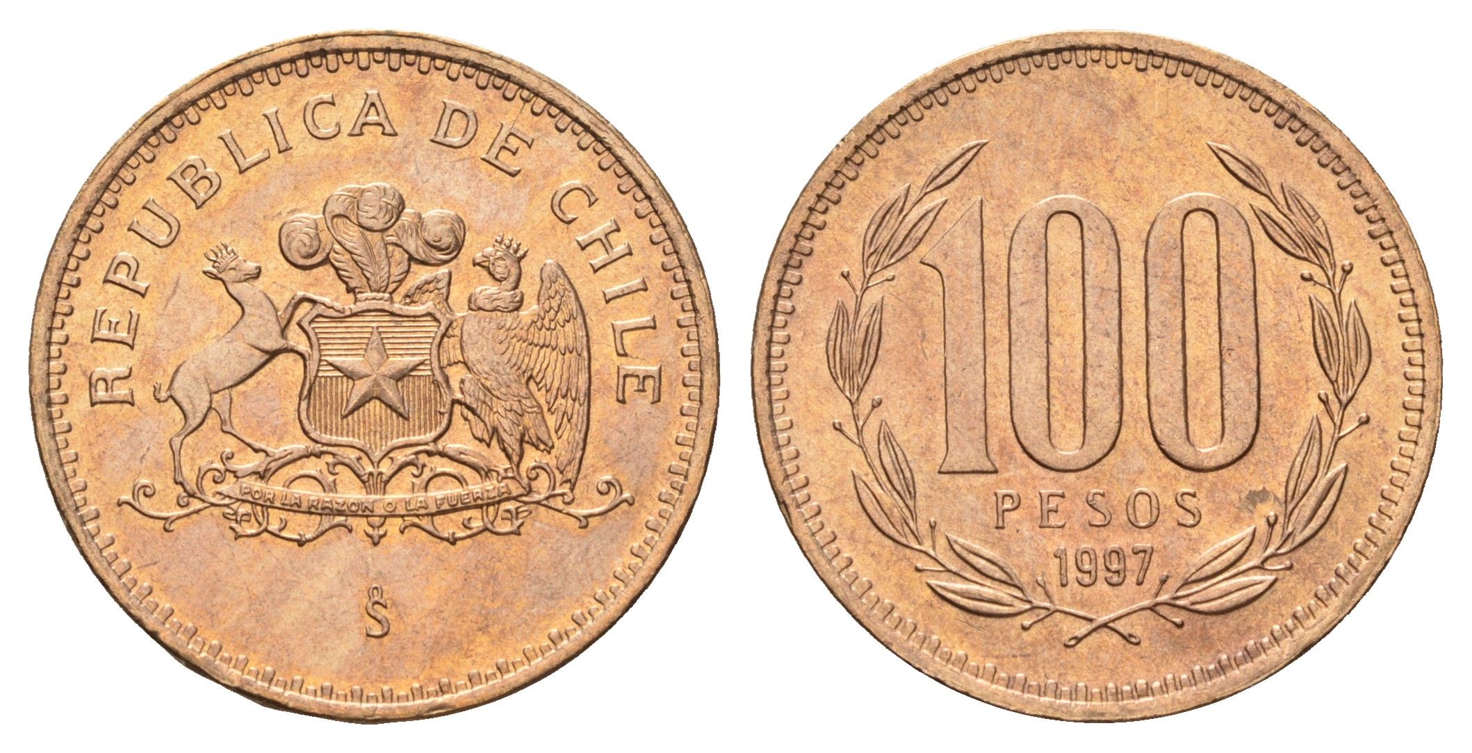 Чили 100 песо 1997 KM 226 алюминиевая бронза UNC 4148-426