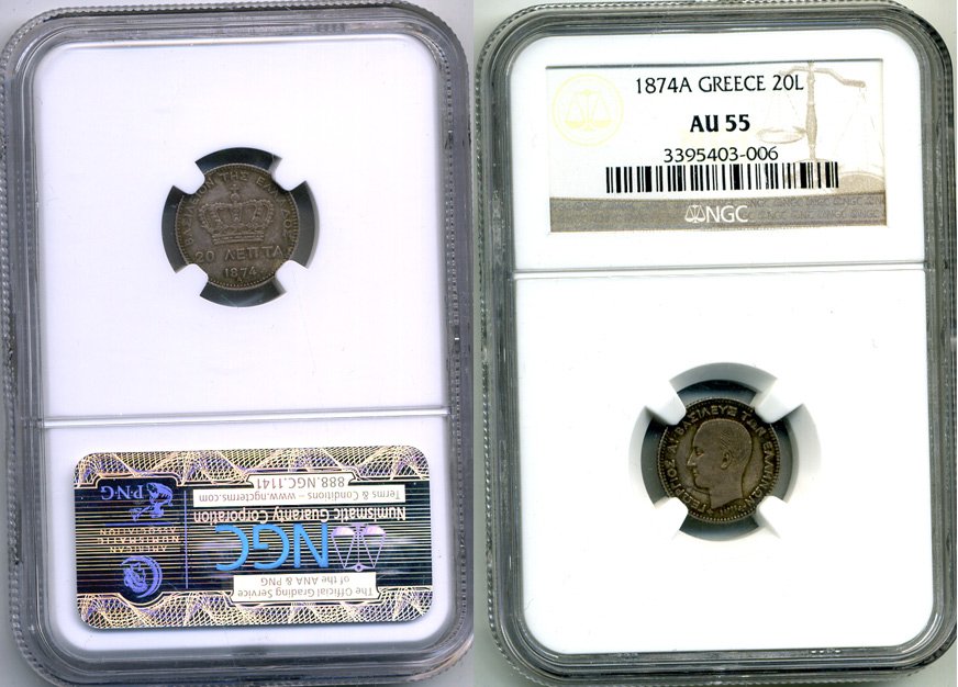 Греция 20 лепта 1874 А, король Георг I (1863-1913), в слабе NGC AU 55 KM 44 серебро  UNC  15-004-11