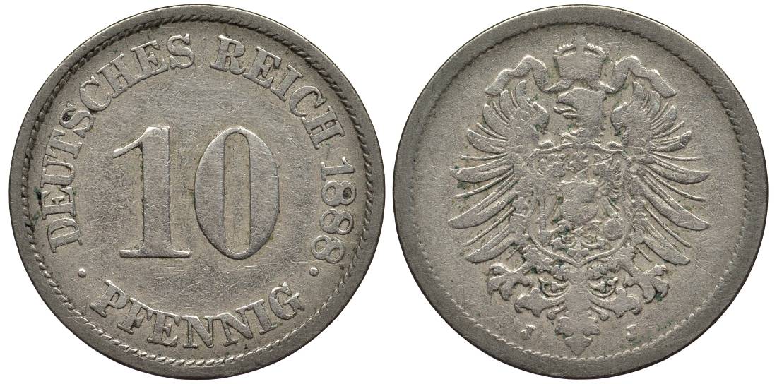 ГЕРМАНИЯ 10 ПФЕННИГОВ 1888 J, СТАРОГЕРБОВКА KM 4, Jager 4, Weege 7 медно-никель 4543-614