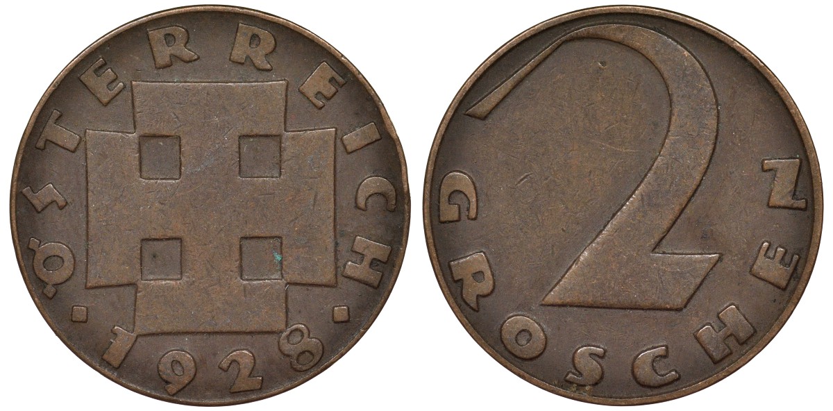 Австрия 2 гроша 1928 KM 2837 бронза 4164-324