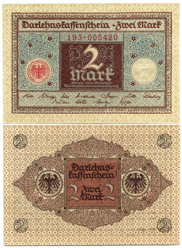 ГЕРМАНИЯ 2 МАРКИ 1920 1 МАРТА 1920, ВЕЙМАРСКАЯ РЕСПУБЛИКА, КОРИЧНЕВАЯ, СЕРИЯ 195 Pick 60, Rosenberg 65a бумага UNC (ПРЕСС) 7547-77-1