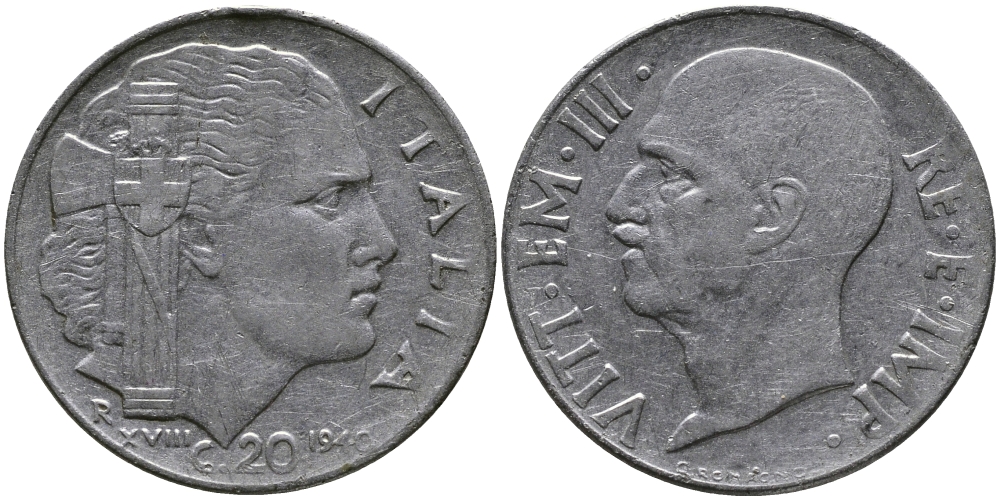 ИТАЛИЯ 20 ЧЕНТЕЗИМО 1940 R, ВИКТОР ИМАНУИЛ, XIX ГОД KM 75b нержавеющая сталь 98-713