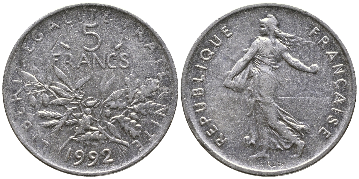 ФРАНЦИЯ 5 ФРАНКОВ 1992 СЕЯТЕЛЬ KM 925а.1, LE FRANC 341.25 медно-никель плакированный никелем 36-224