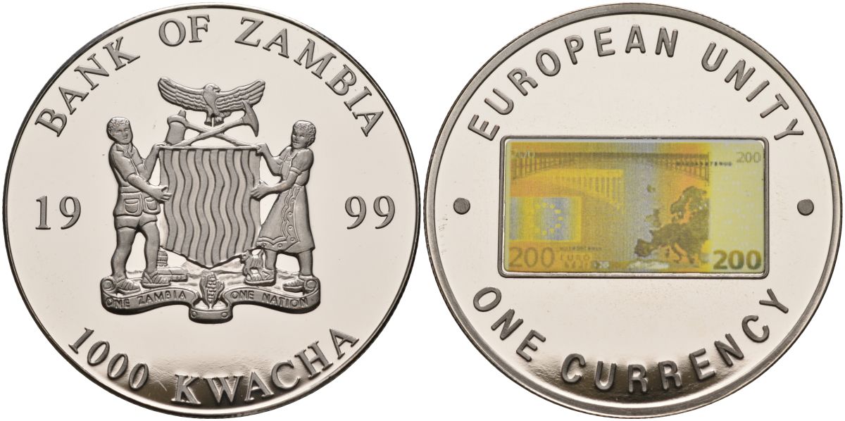 Замбия 1000 квача 1999 серия европейский союз - одна валюта, 200 евро реверс, серебрение KM 131 медь никель цинк 1098-3-54