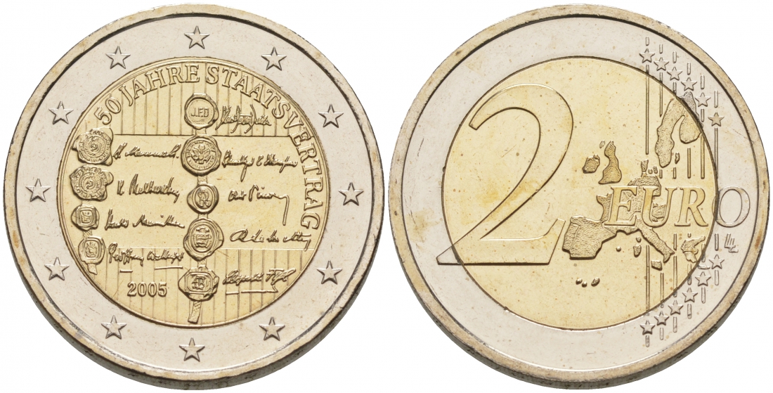 Австрия 2 евро 2005 50 лет подписания договора о нейтралитете Австрии KM 3124 биметалл UNC 1087-9-43