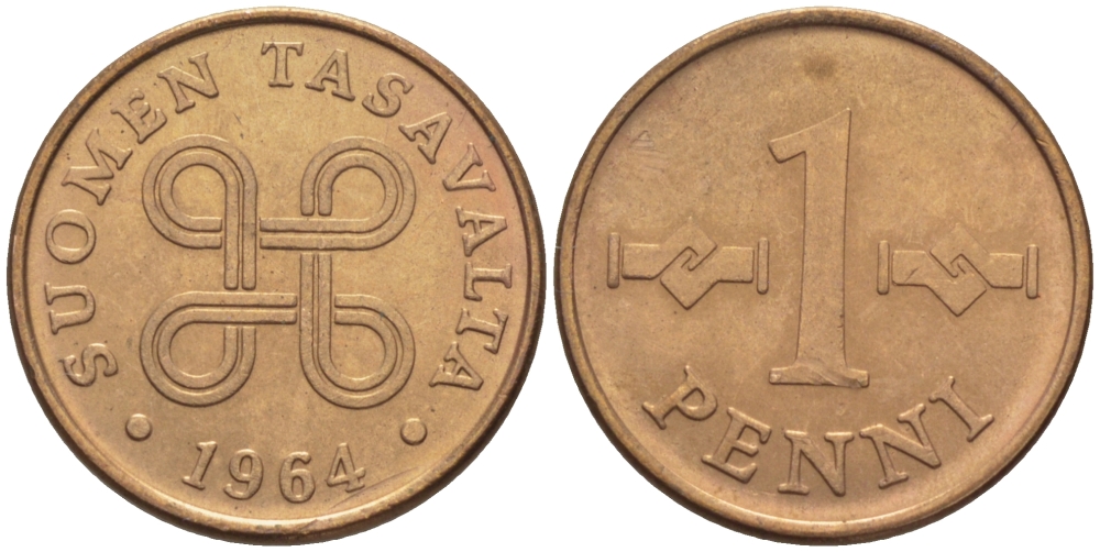 Финляндия 1 пенни 1964 KM 44 медь 100-151