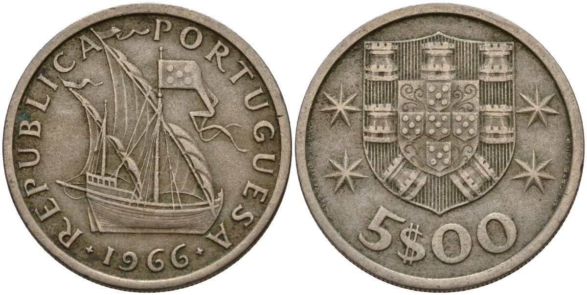 Португалия 5 эскудо 1966 парусник KM 591 медно-никель 4156-536