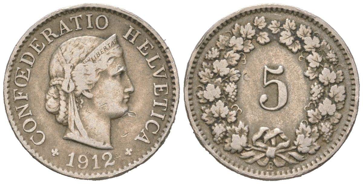 Швейцария 5 раппенов 1912 B KM 26 медно-никель 4160-529