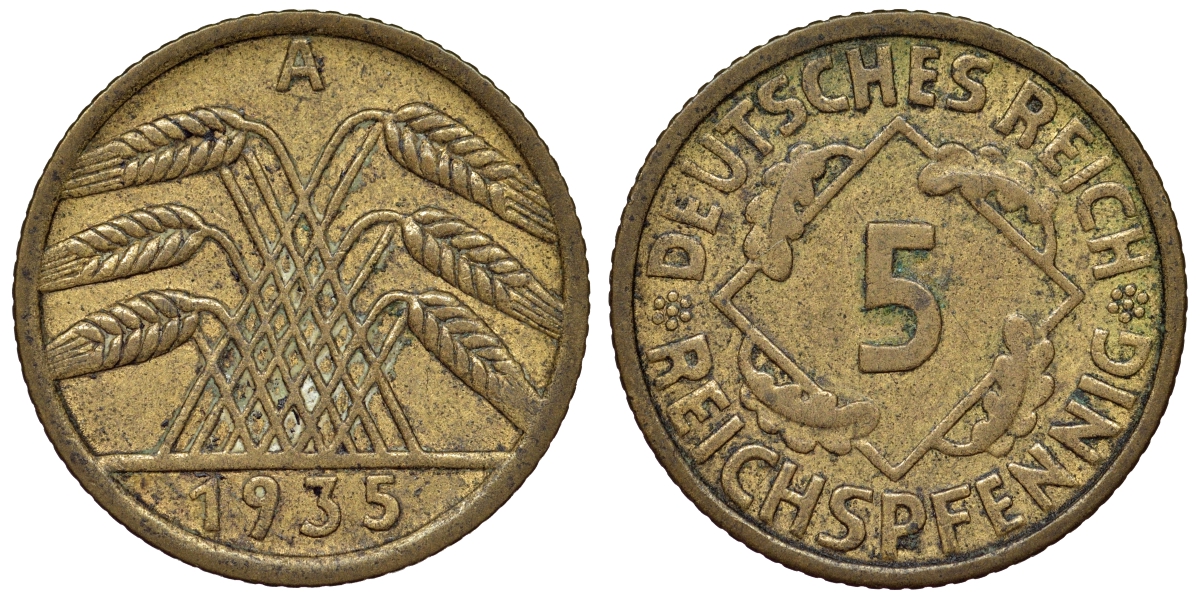 Германия 5 рейхспфеннигов 1935 A KM 39, J. 316 алюминиевая бронза 4124-262