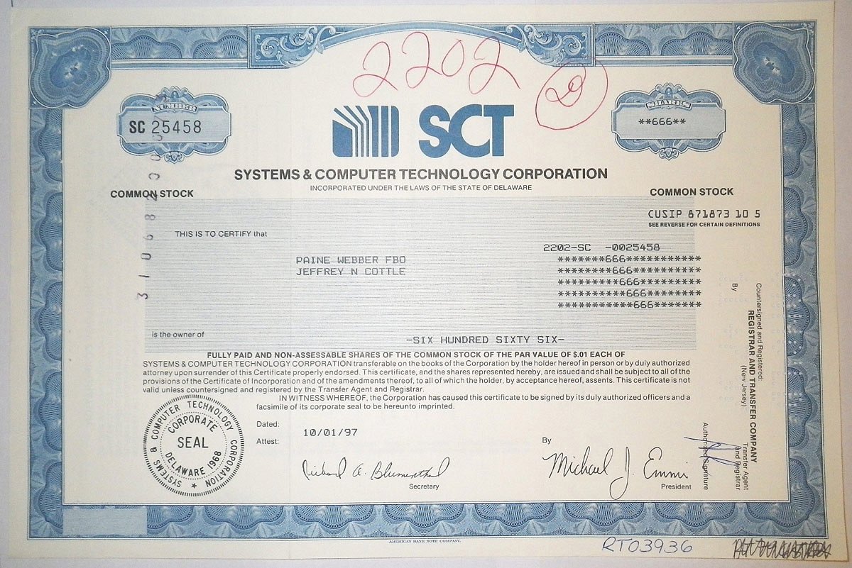 США, SYSTEMS AND COMPUTER TECHNOLOGY CORPORATION 666 акций 1997 бумага 8805-38-1