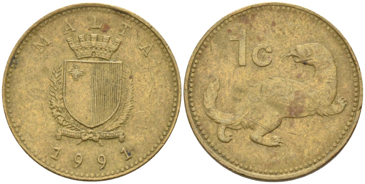 Мальта 1 цент 1991 ласка, горностай KM 93 никель латунь 4585-1152