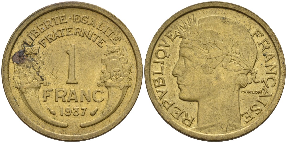 Франция 1 франк 1937 KM 885, Le Franc 219.2 алюминиевая бронза 4142-837