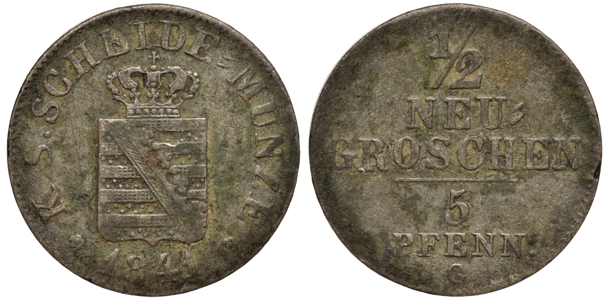 Саксония 1/2 новых гроша - 5 пфеннигов 1841 Фридрих Август II (1797-1854) KM 1158, J. 81 серебро 75-115