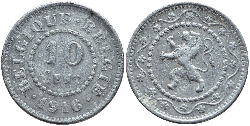 БЕЛЬГИЯ 10 САНТИМОВ 1916 НЕМЕЦКАЯ ОККУПАЦИЯ BELGIQUE BELGIE KM 81 цинк 86-847