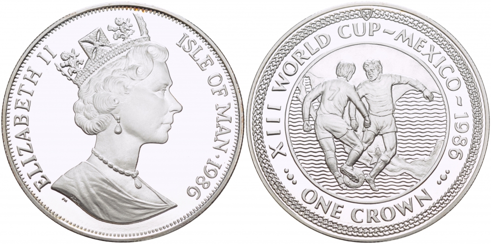 Остров Мэн 1 крона 1986 чемпионат мира по футболу 1986 года в Мексике, карта и два игрока КМ 160b серебро PROOF 1078-10-63